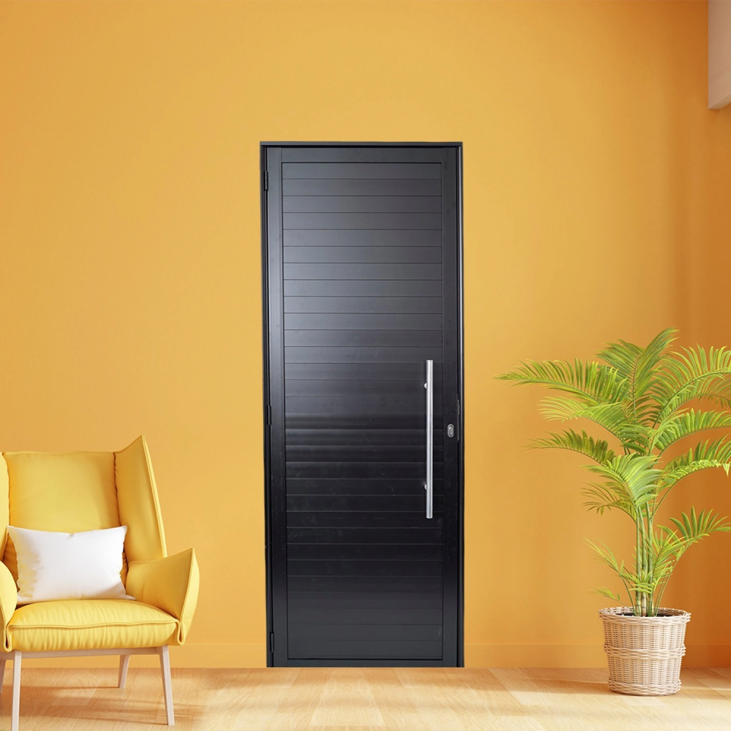 Porta De Aluminio Lambri 210x100cm Com Puxador Linha Premium Lux-esquadrias Abertura Direita Preto Fosco