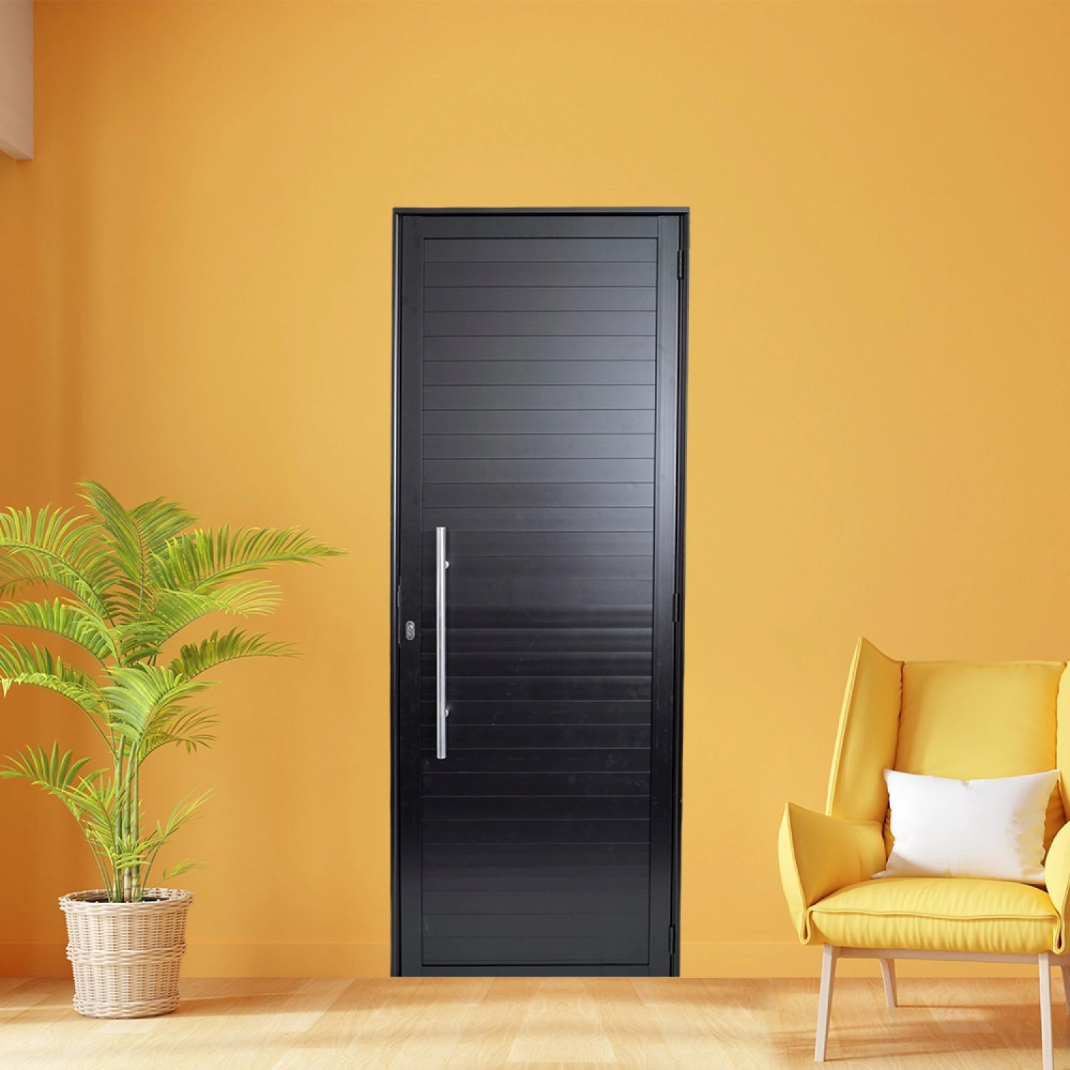 Porta De Aluminio Lambri 210x100cm Com Puxador Linha Premium Lux-esquadrias Abertura Esquerda Preto