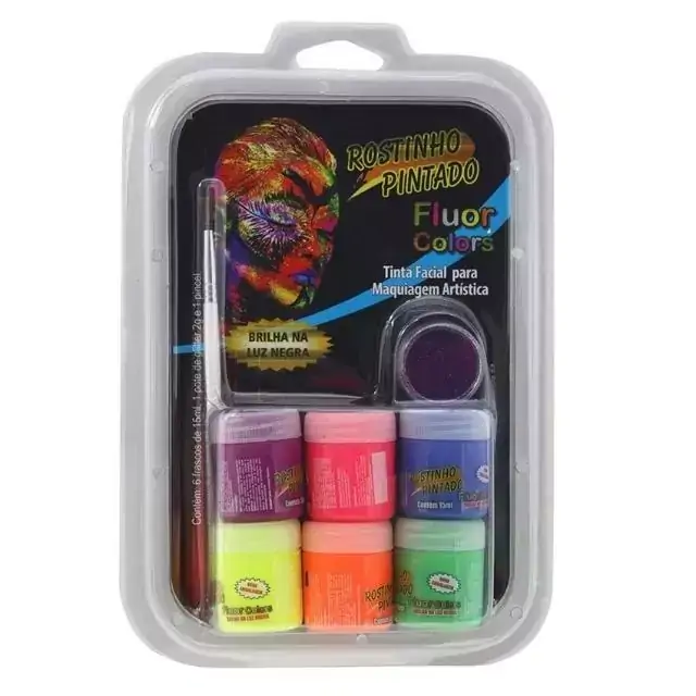 Kit Tinta Maquiagem p/ Pele Rostinho Pintado Liquida 6 Cores Neon Fluor Glitter + Pincel