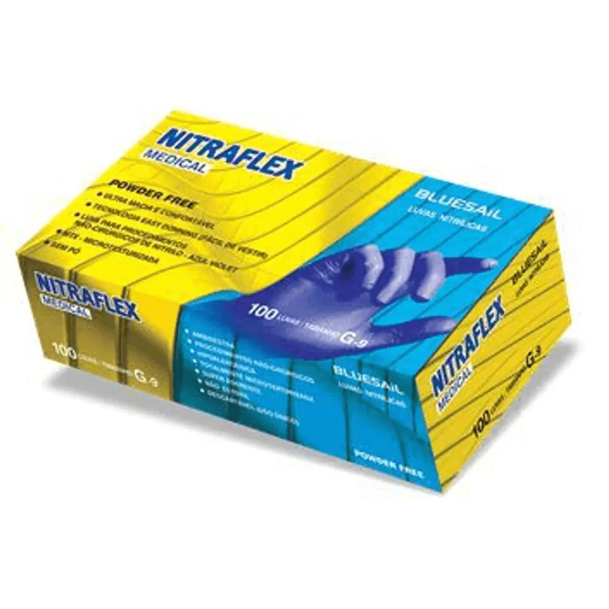 Luvas de Procedimentos Nitrílica Sem Pó Nitraflex Medical - Caixa 100 unidades - Blue Sail - G - 10