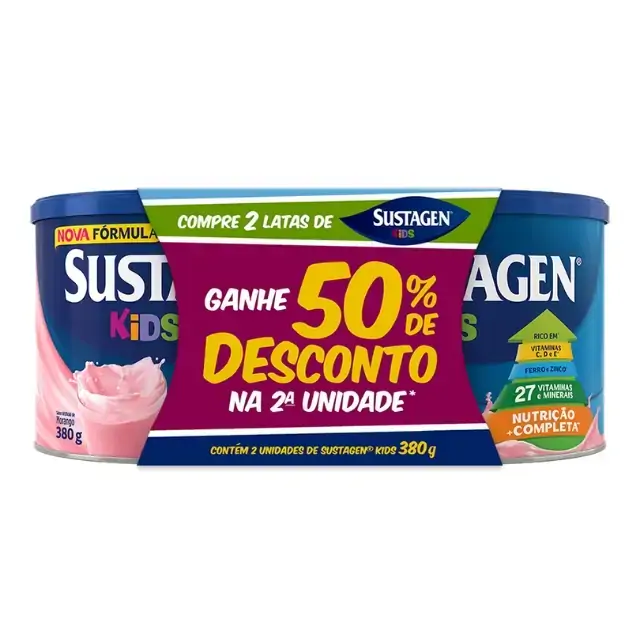 Pack Pó Para Preparo De Bebida Morango Sustagen Kids Lata 2 Unidades 380g Cada Grátis 50 De Desconto