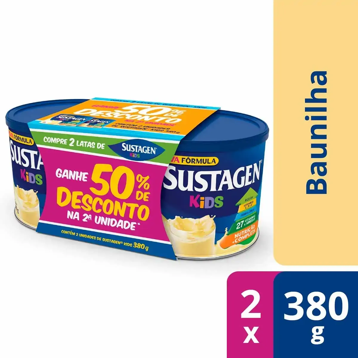 Pack Pó Para Preparo De Bebida Baunilha Sustagen Kids Lata 2 Unidades 380g Cada Grátis 30 De Descont