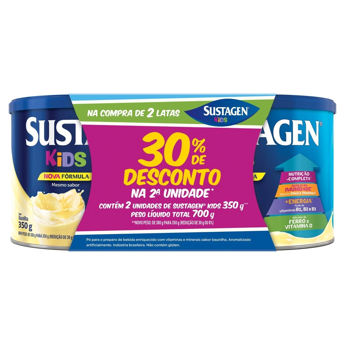 Pack Pó para Preparo de Bebida Baunilha Sustagen Kids Lata 700g 2 Unidades Grátis 30% de Desconto na