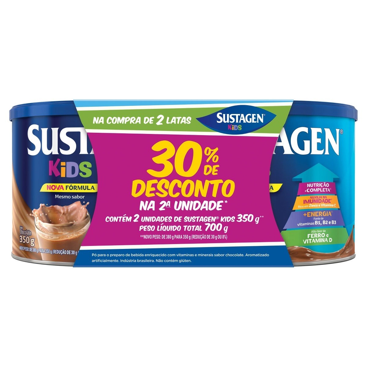 Pack Pó para Preparo de Bebida Chocolate Sustagen Kids Lata 700g 2 Unidades Grátis 30% de Desconto n