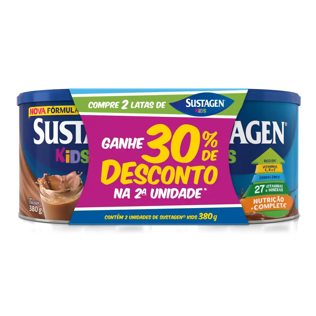 Pack Pó Para Preparo De Bebida Chocolate Sustagen Kids Lata 2 Unidades 350g Cada Grátis 30 De Descon