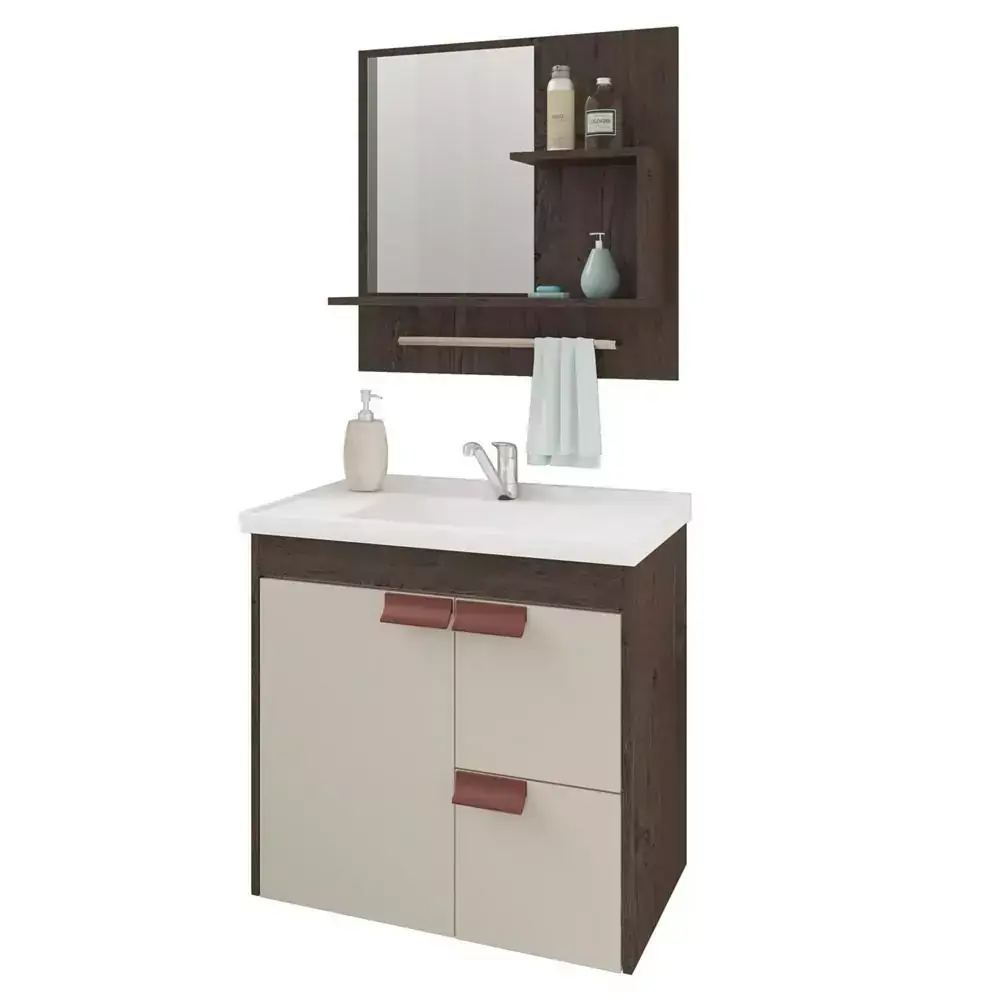 Gabinete Suspenso para Banheiro Tulipa com Espelho 59x35,5cm Café E Off-White