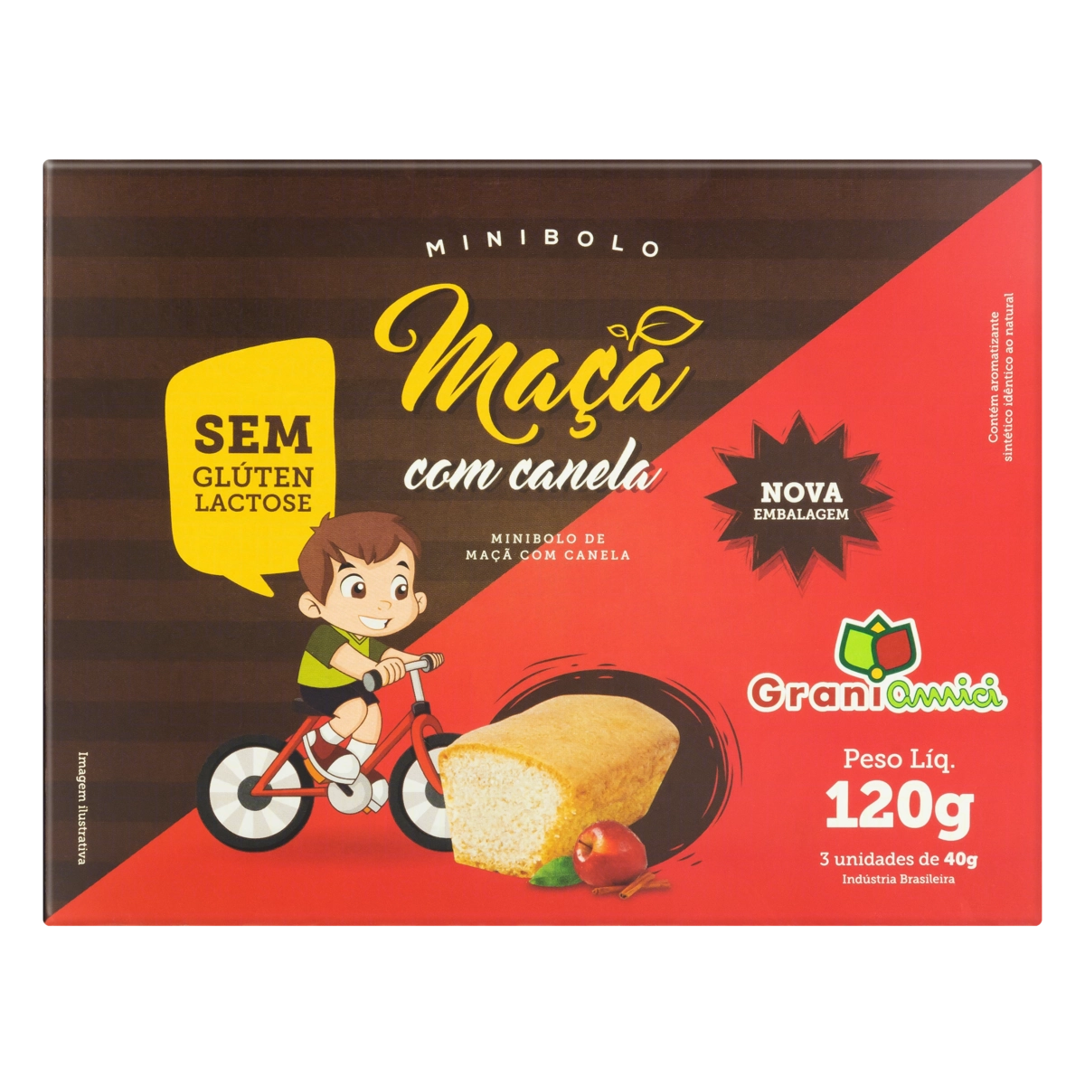 Minibolo Maçã Com Canela Sem Glúten Zero Lactose Grani Amici Caixa 120g 3 Unidades