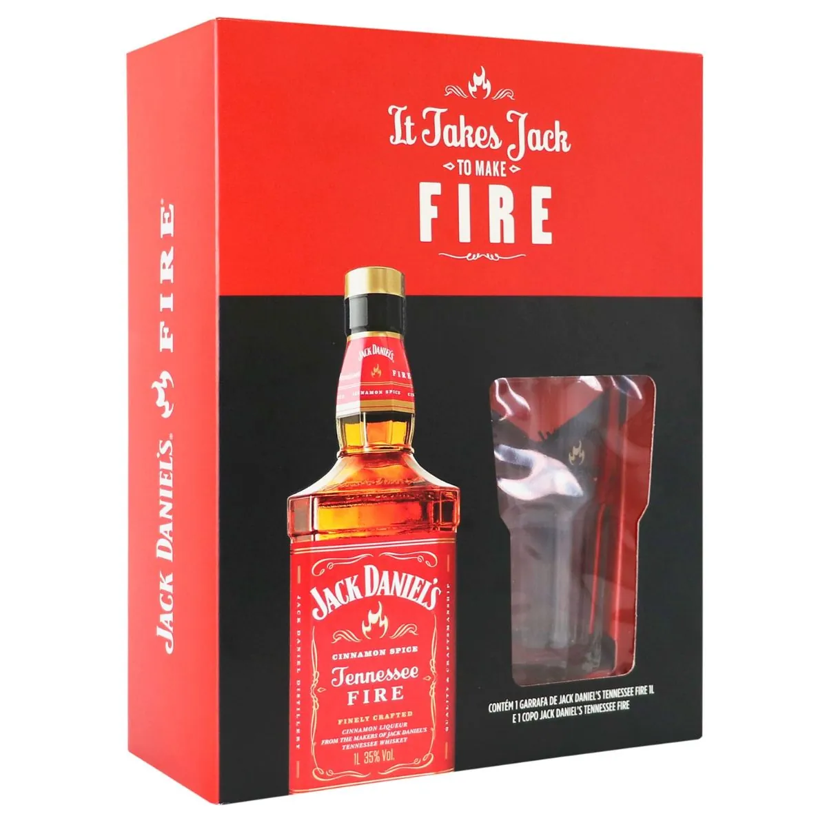Kit de Licor de Whisky Jack Daniel's Fire Sabor Canela Picante 1L com Copo