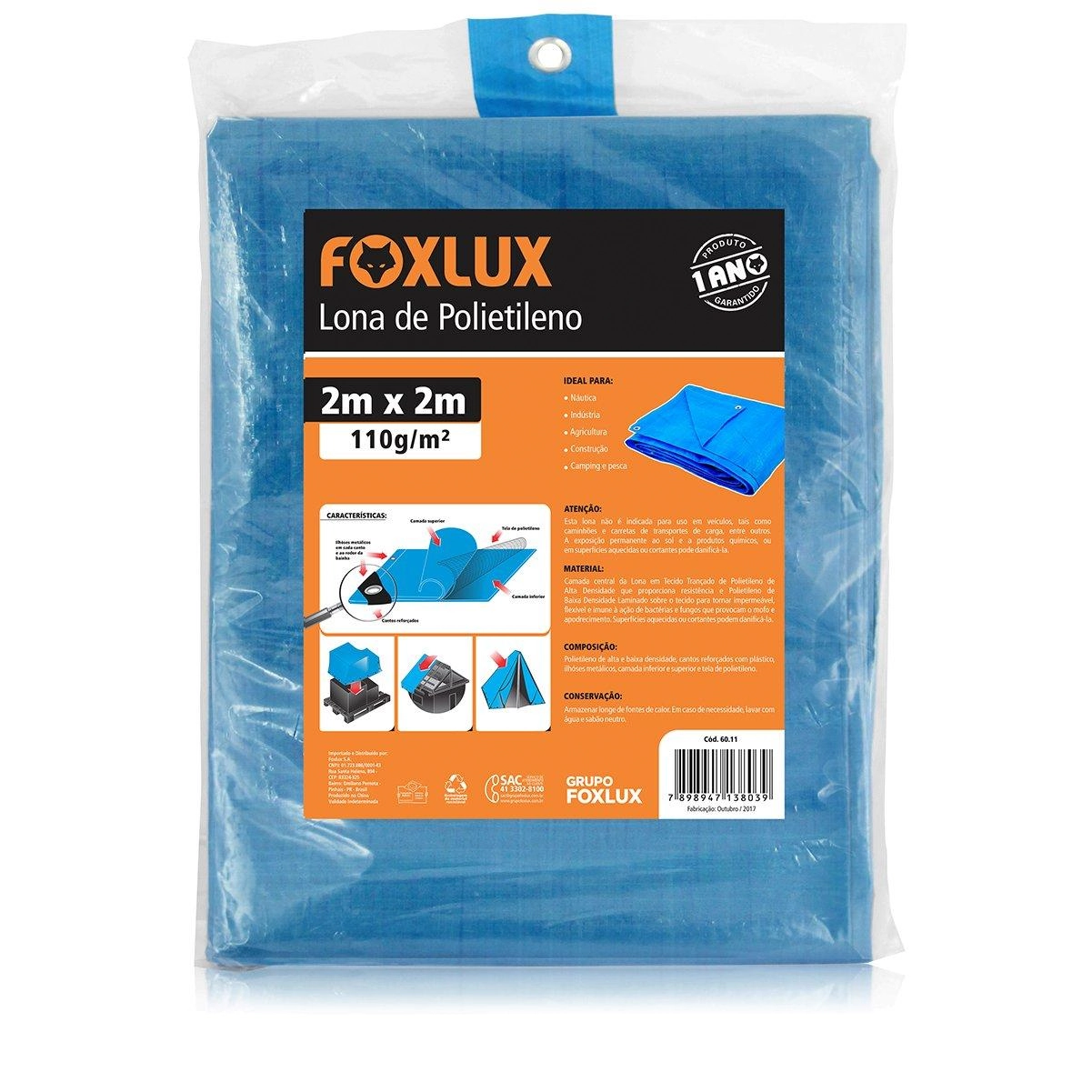 Lona Carreteiro Azul 2x2m 150 Micras 110g/m2 Com Ilhoses Metálicos - Foxlux,tamanho: 2x2