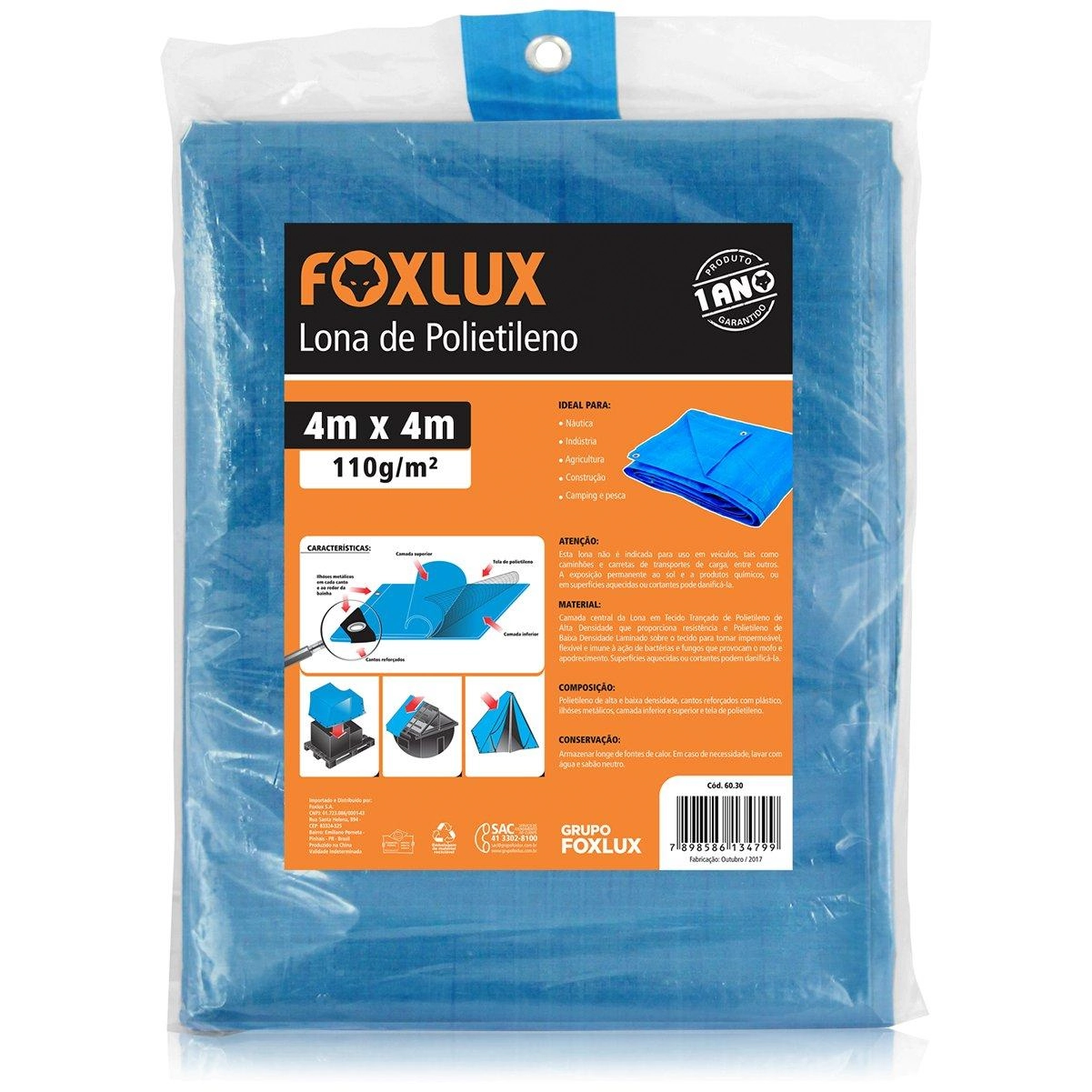 Lona Carreteiro Azul 4x4m 150 Micras 110g/m2 Com Ilhoses Metálicos - Foxlux,  Tamanho: 4x4
