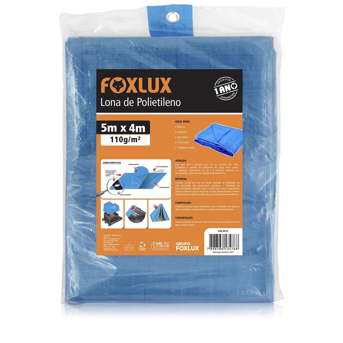 Lona Carreteiro Azul 5x4m 150 Micras 110g/m2 Com Ilhoses Metálicos - Foxlux,tamanho: 5x4