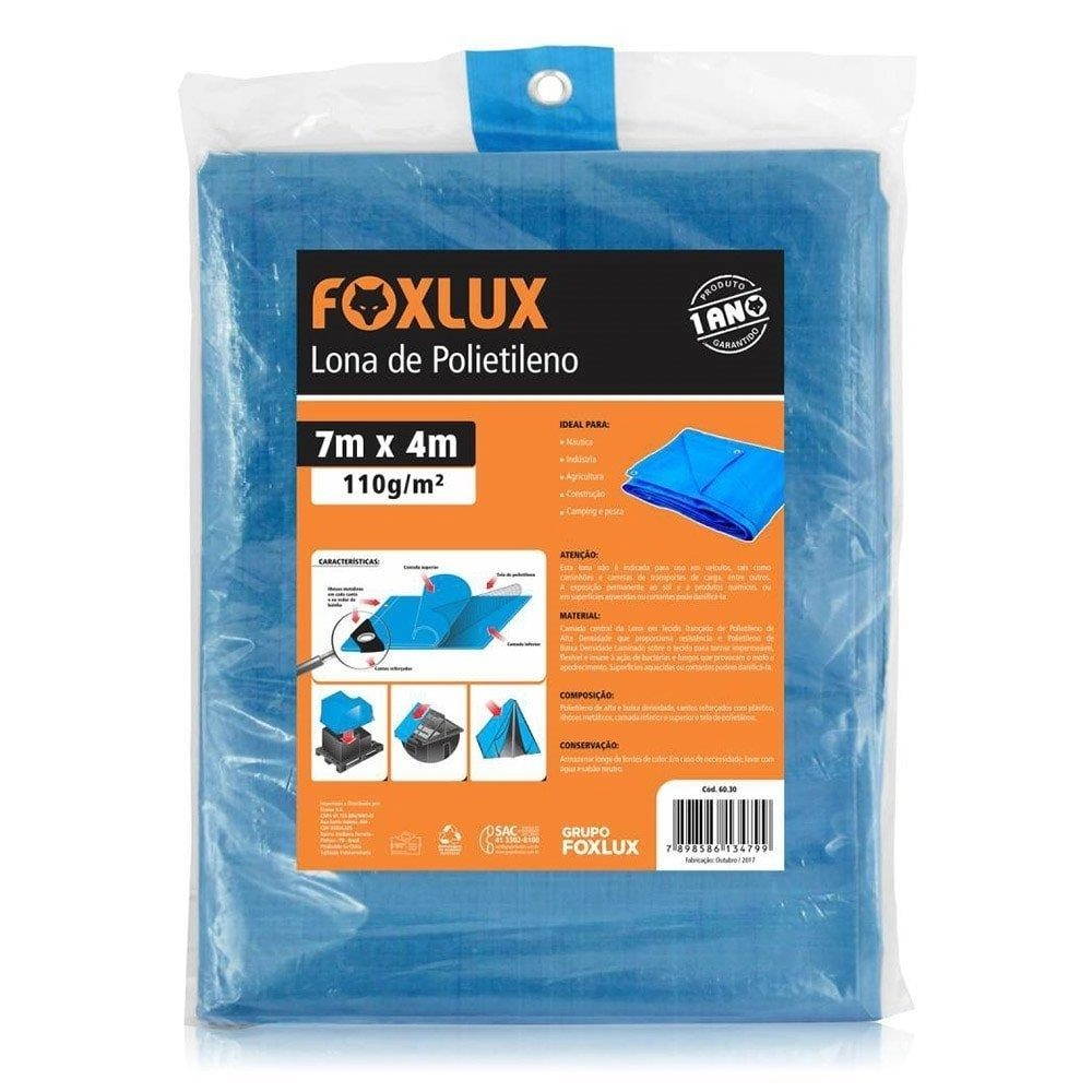Lona Plástica Azul Foxlux Com Ilhos Cantos Reforçados 7mx4m
