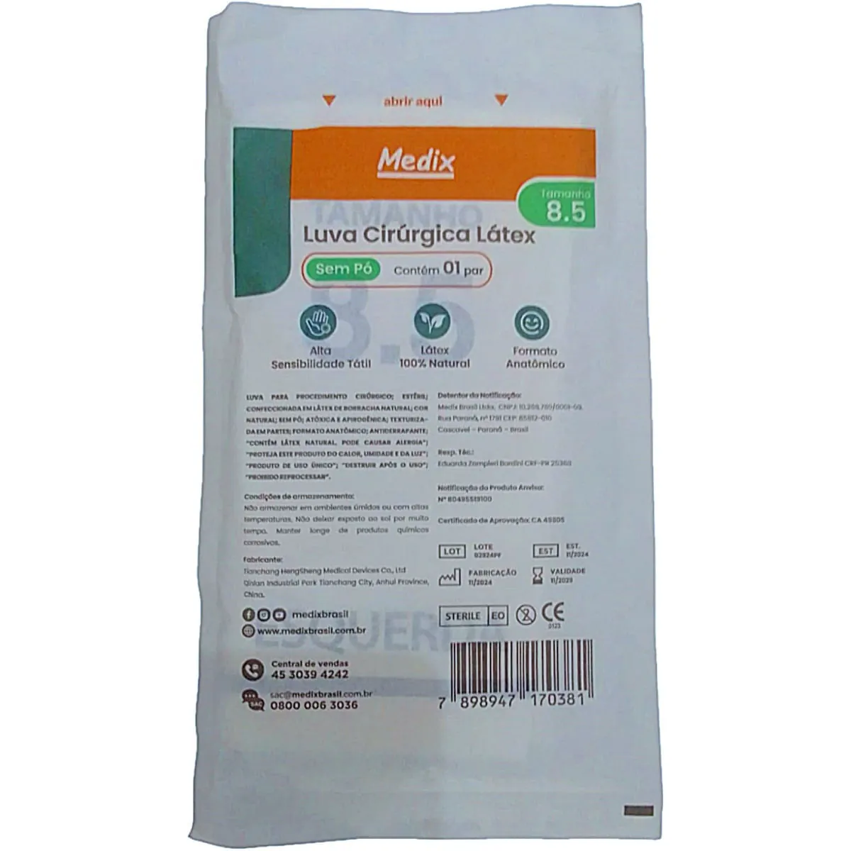 Luva Cirúrgica Medix 8.5 Estéril de Látex Sem Pó - par