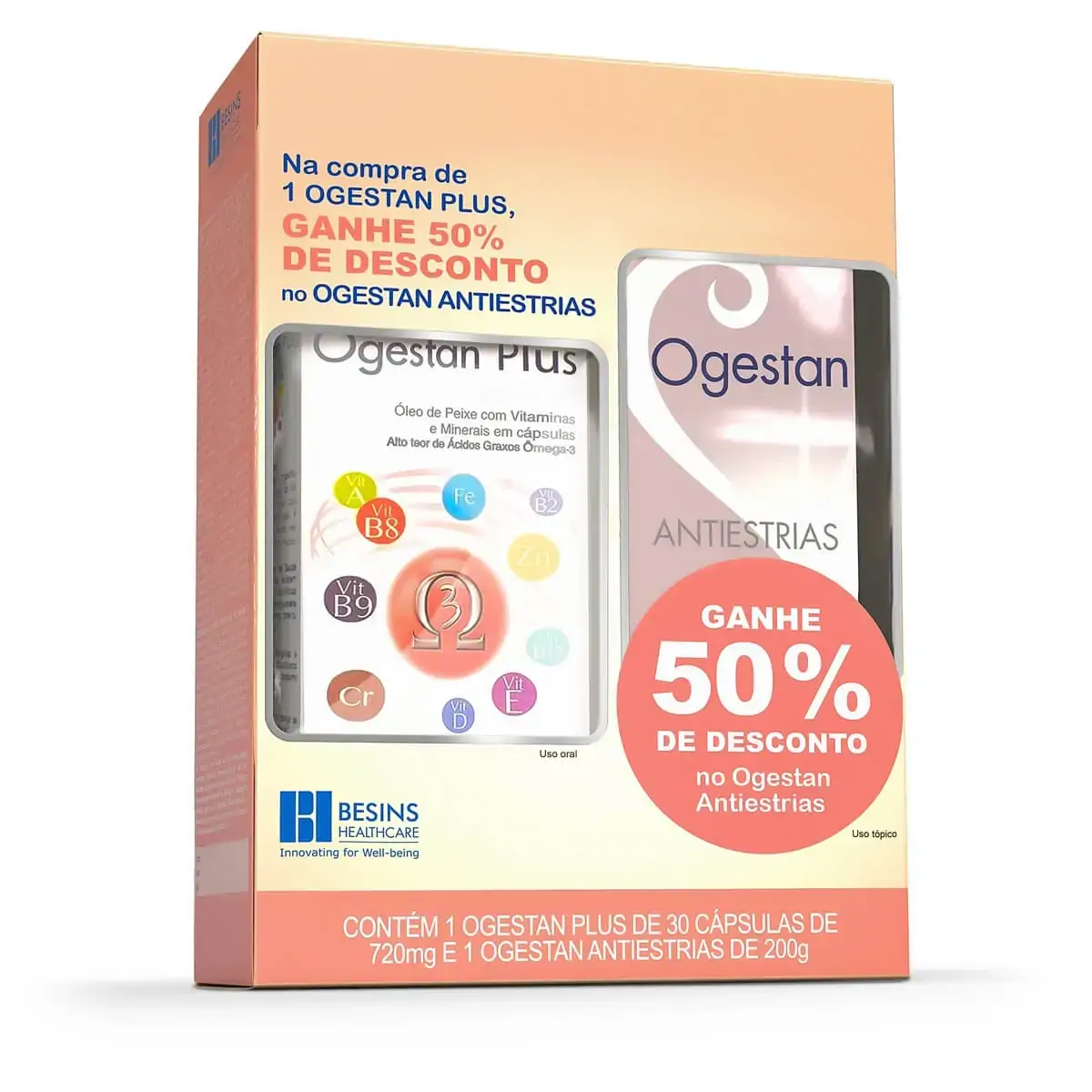 Orgestan Plus 720mg Besins Healthcare 30 Cápsulas Grátis 50 De Desconto Na Loção Hidratante Ogestan