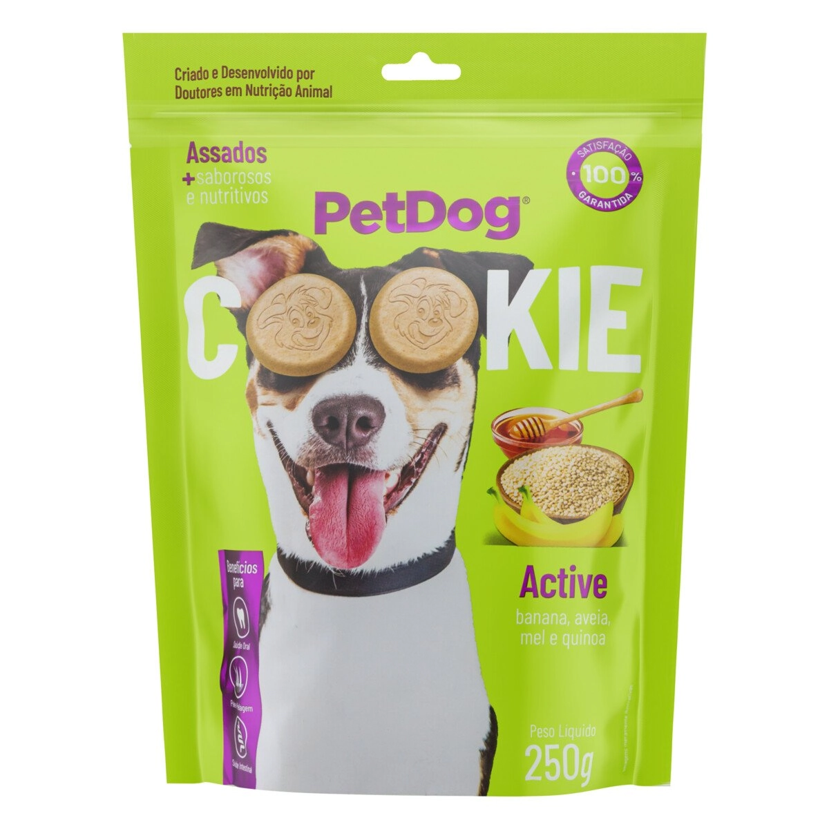 Cookie para Cães Banana, Aveia, Mel e Quinoa PetDog Active Pouch 250g