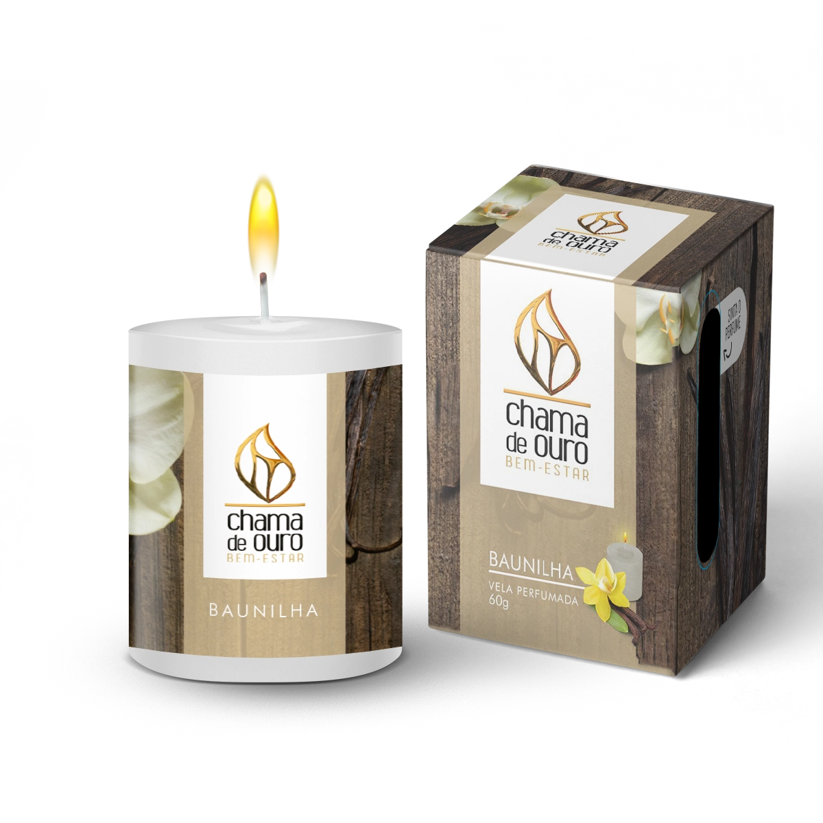 Vela Perfumada Branca Baunilha Chama De Ouro 60g