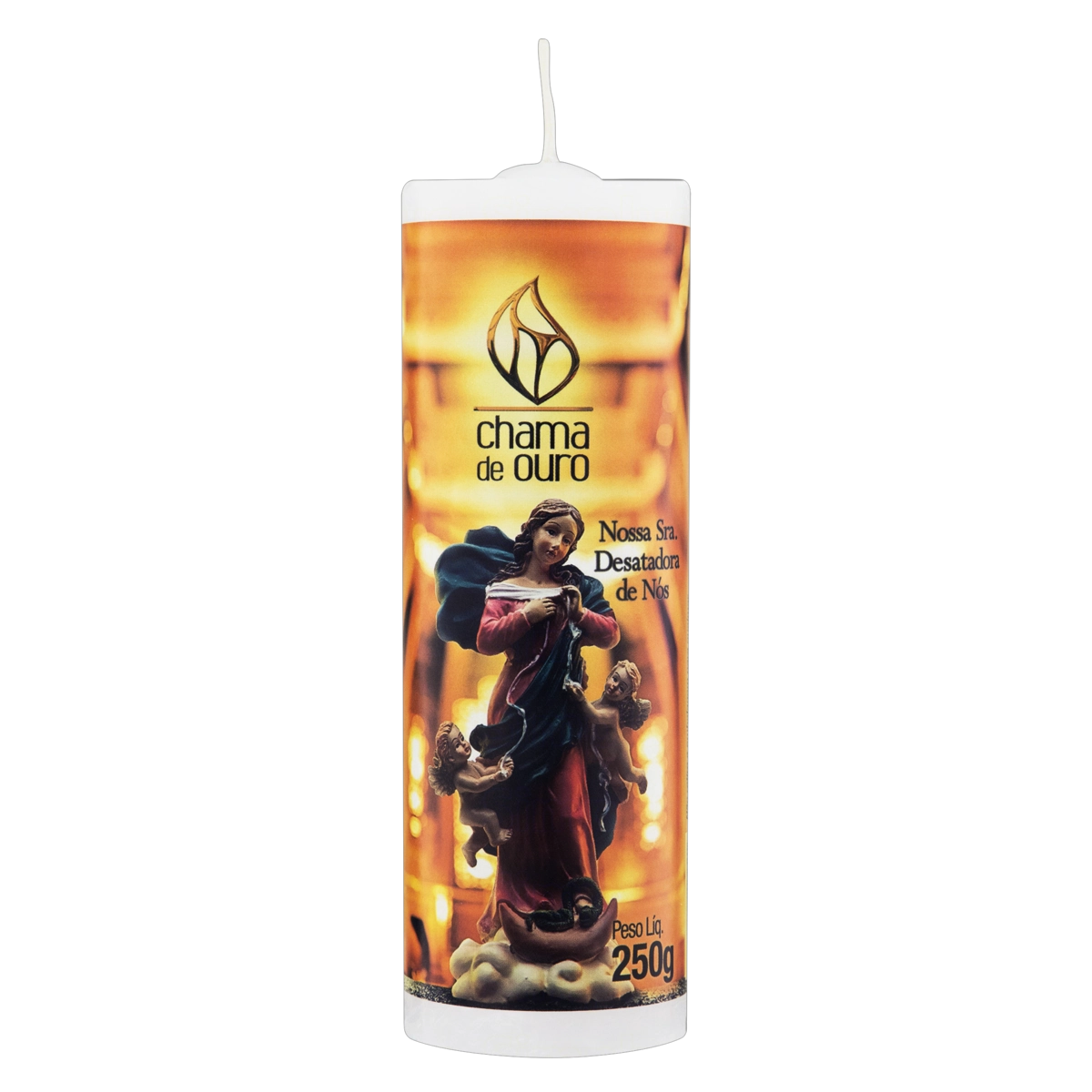 Vela Votiva Branca Nossa Senhora Desatadora De Nós Chama De Ouro 250g