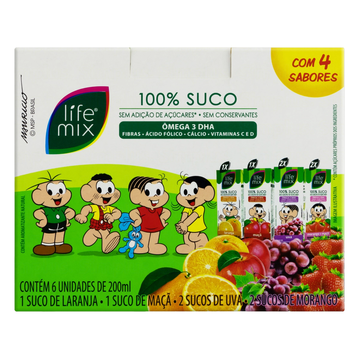 Kit 1 Suco Laranja + 1 Maçã + 2 Uva + 2 Morango Turma da Mônica Life Mix 200ml Cada