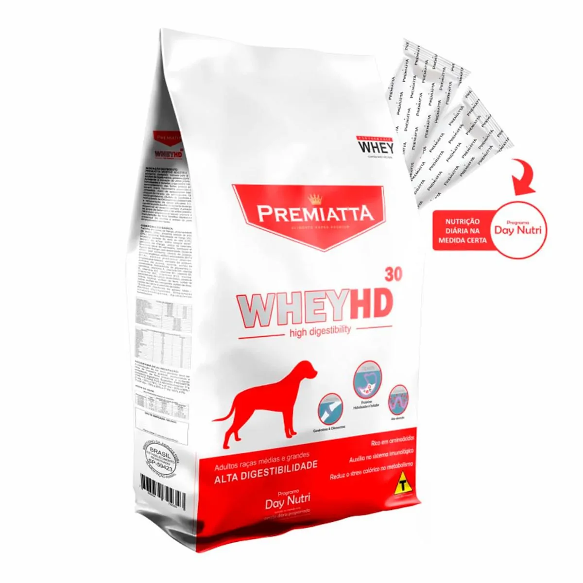 Ração Premiatta Whey HD 30 para Cães adultos de Raças Médias e Grandes (12 kg=30x400g)