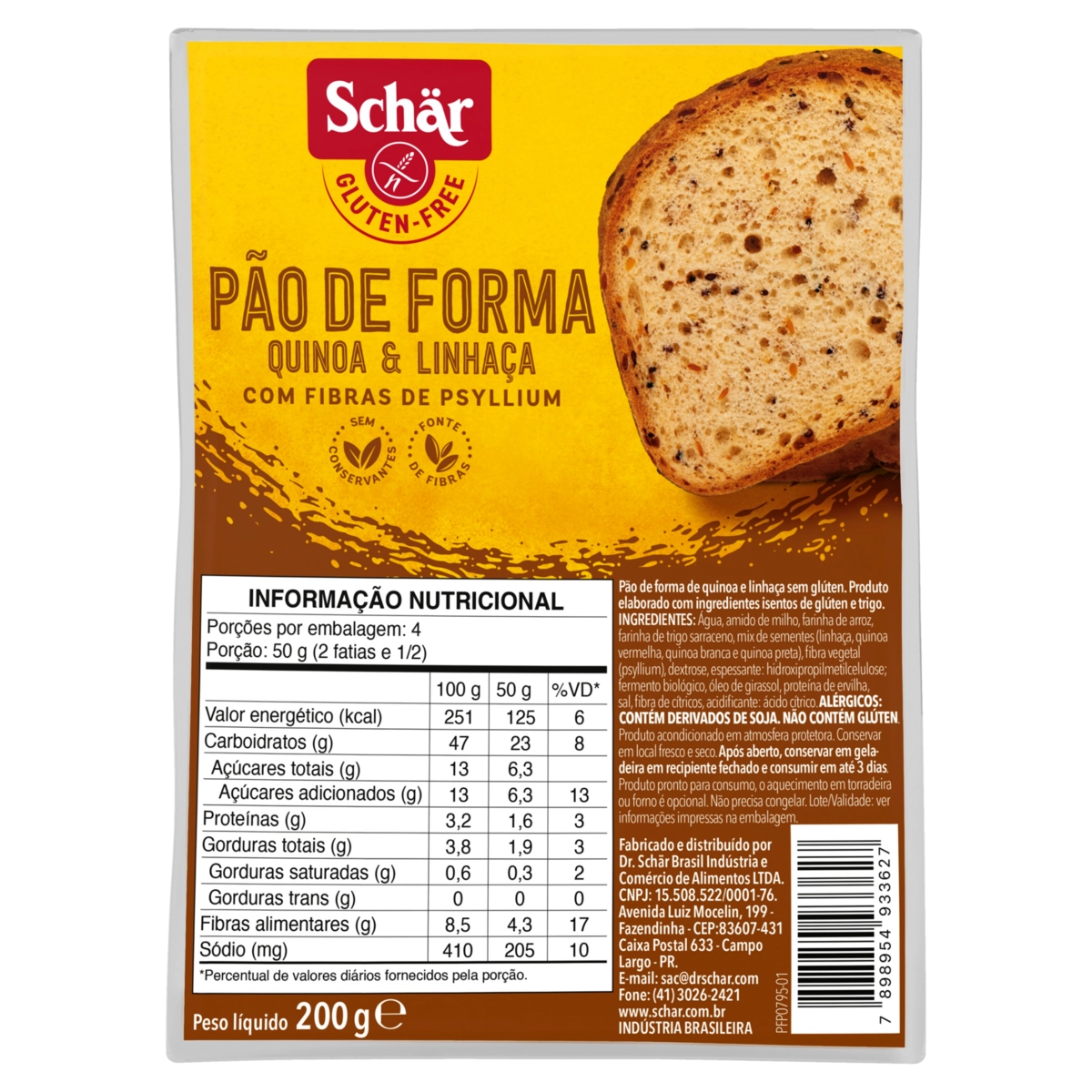Pão De Forma Quinoa E Linhaça Sem Glúten Zero Lactose Schär Pacote 200g