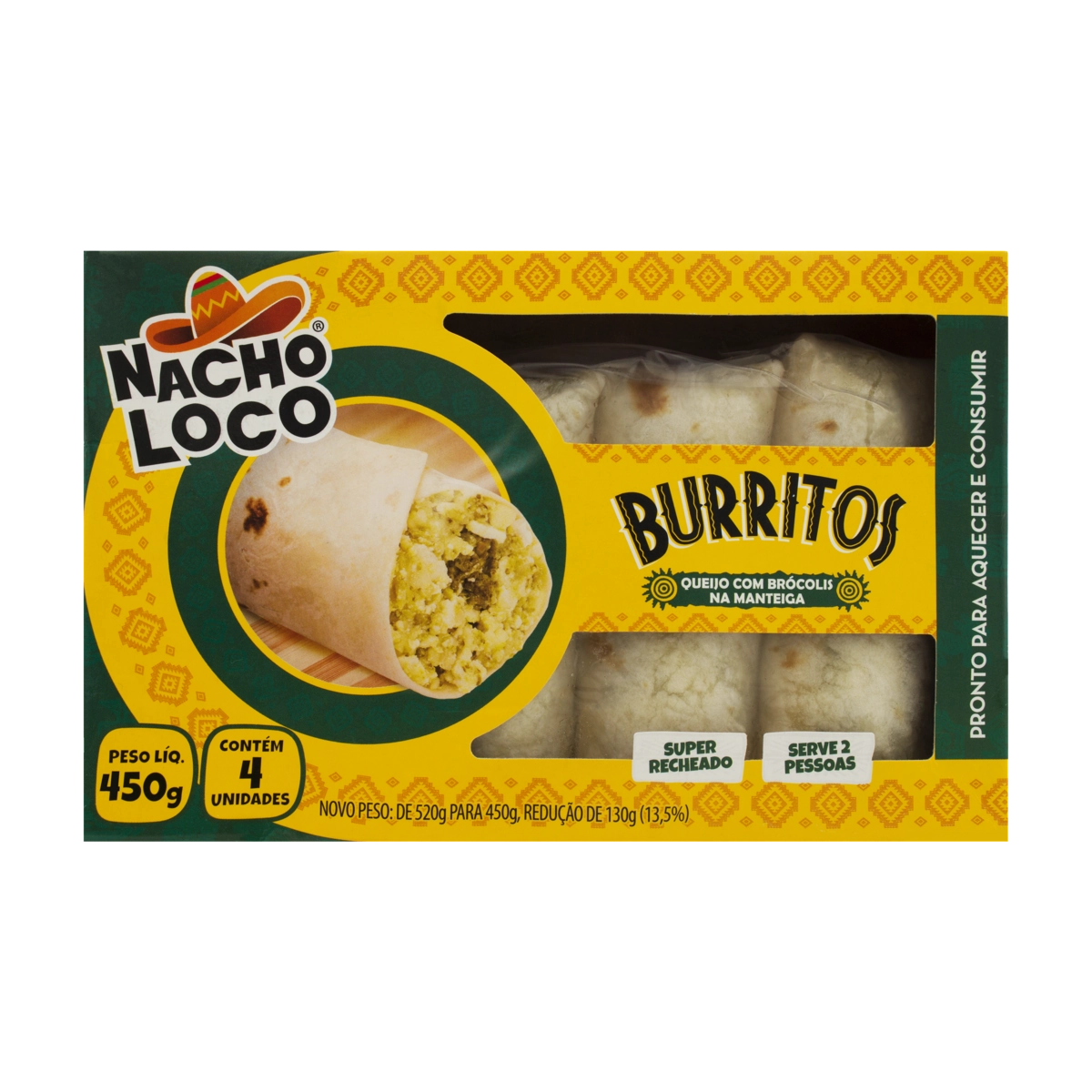 Burritos Queijo Com Brócolis Na Manteiga Nacho Loco Caixa 450g 4 Unidades