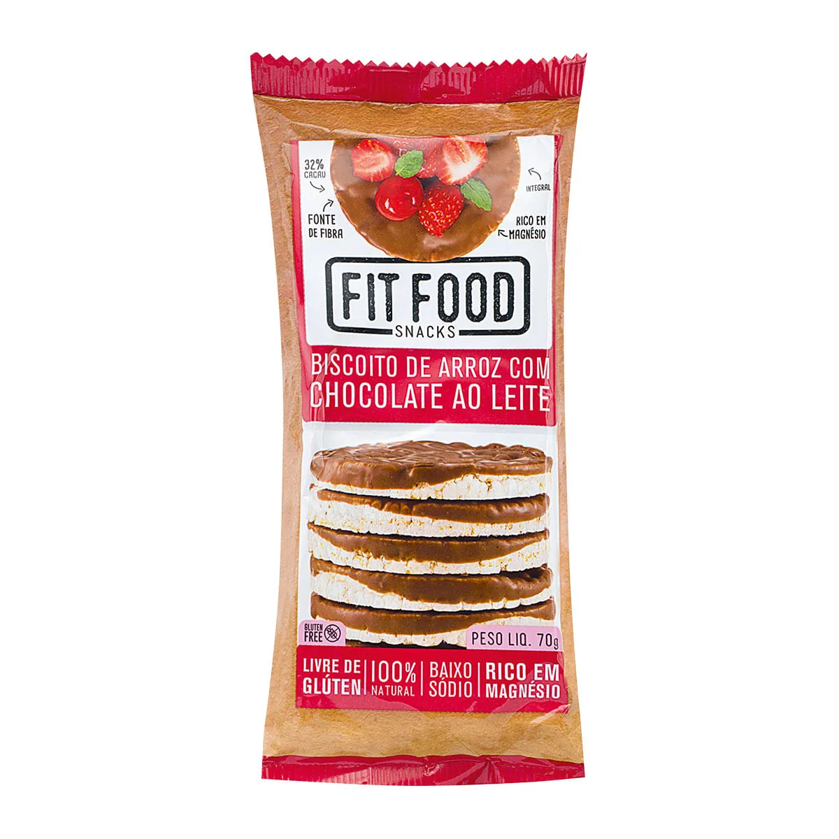 Biscoito De Arroz Integral Cobertura Chocolate Ao Leite Fit Food Pacote 70g