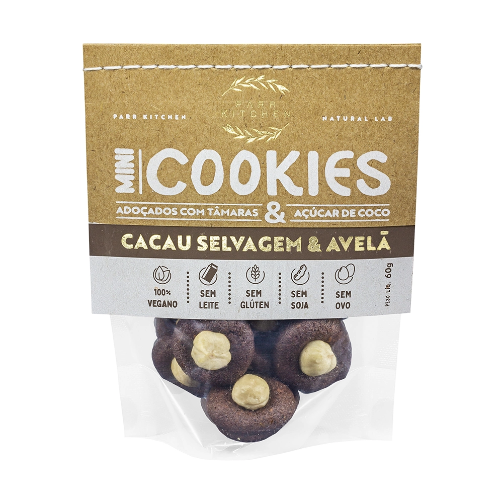 Minibiscoito Cookie Vegano Cacau Selvagem Avelã Sem Glúten Zero Lactose Parr Kitchen Sachê 60g