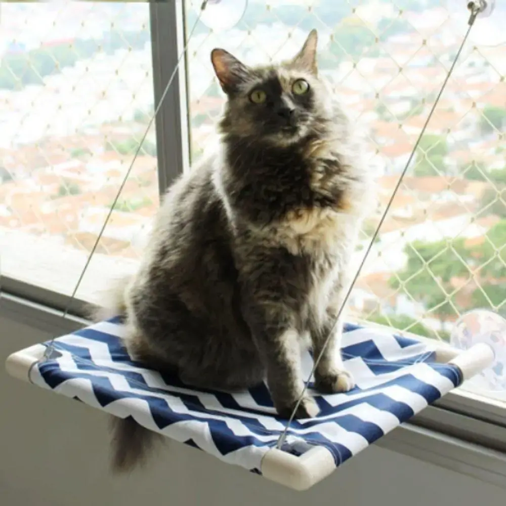 Cama Suspensa Para Gato Chevron Cor Azul Escuro Com Branco