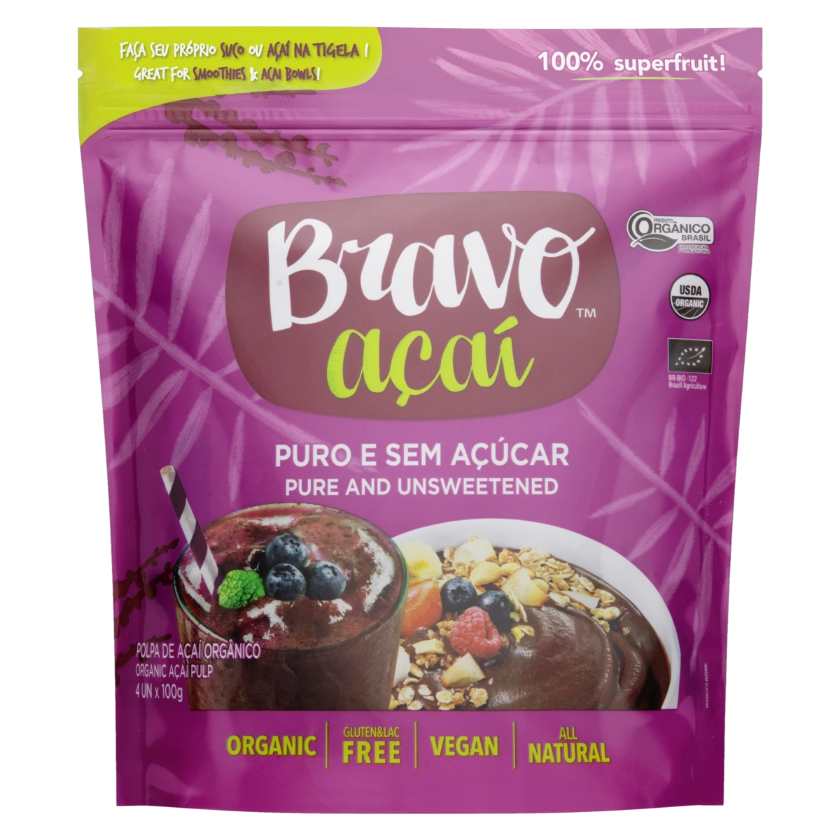 Polpa De Fruta Orgânica Açaí Bravo Açaí Pouch 400g 4 Unidades
