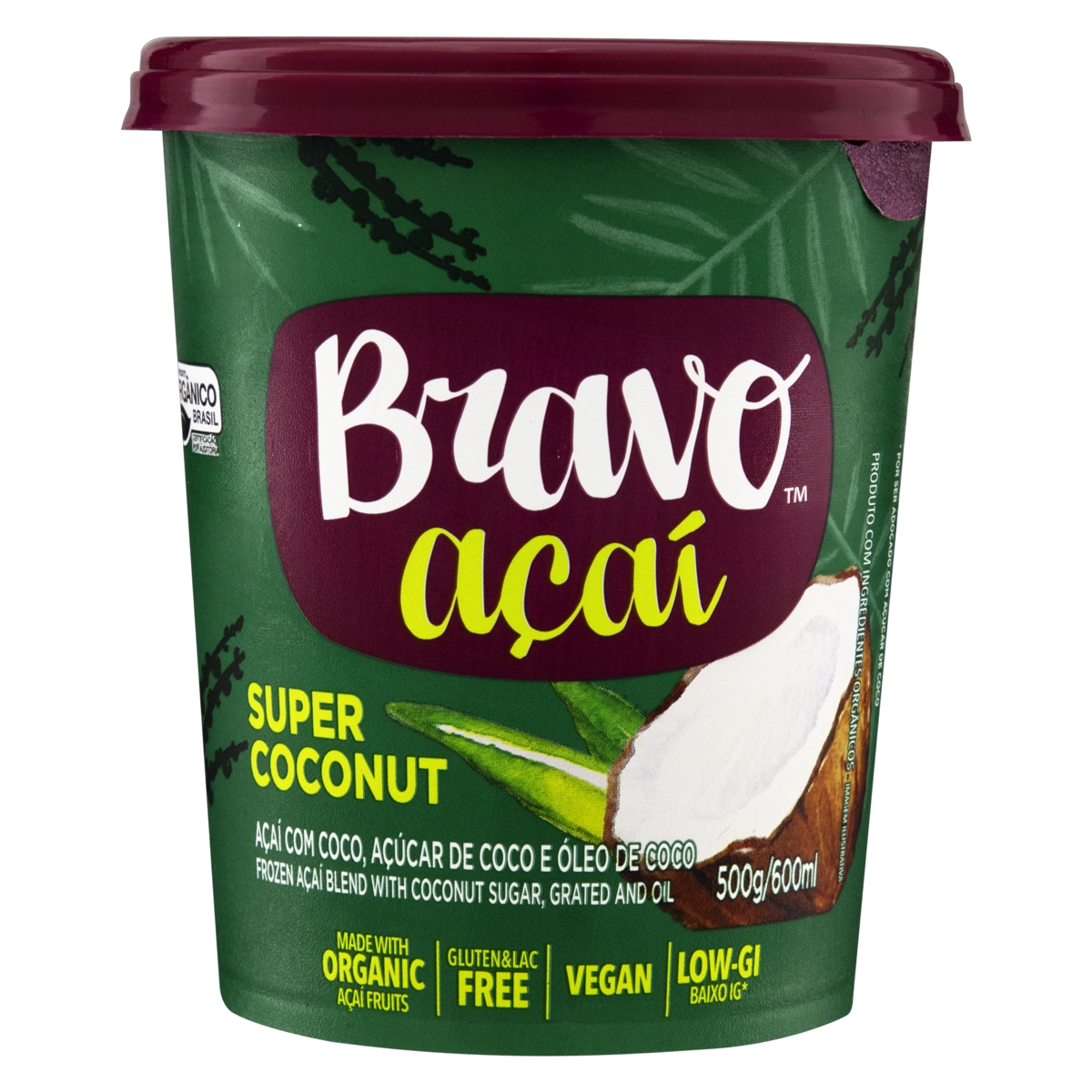 Açaí Com Coco Orgânico Super Coconut Bravo Açaí Pote 600ml