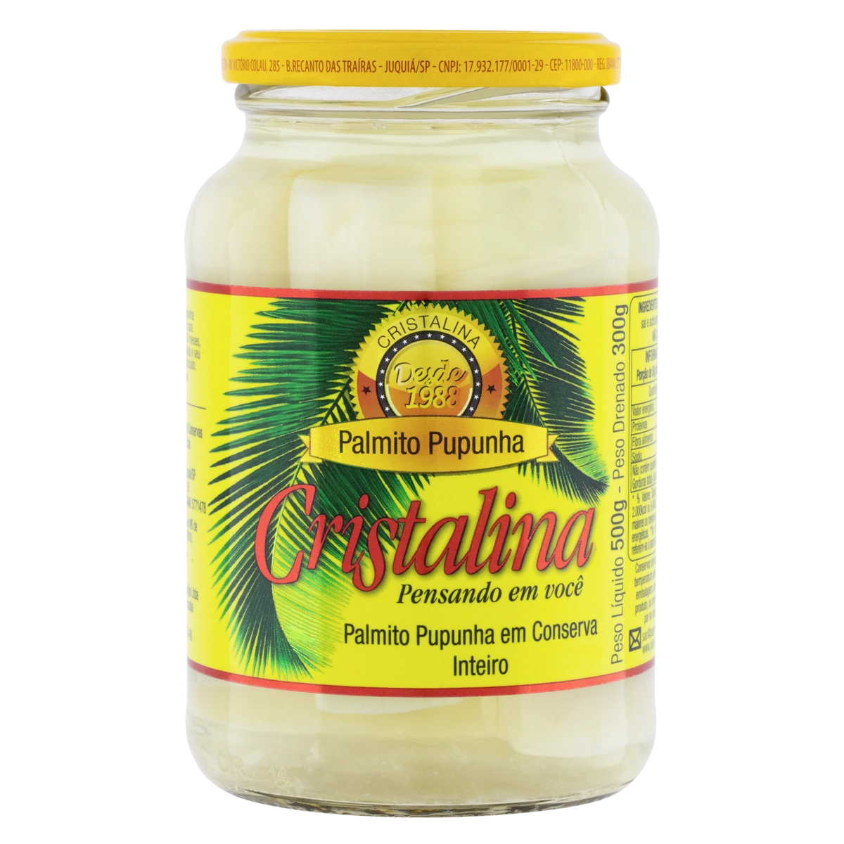 Palmito Pupunha Em Conserva Inteiro Cristalina Vidro 300g