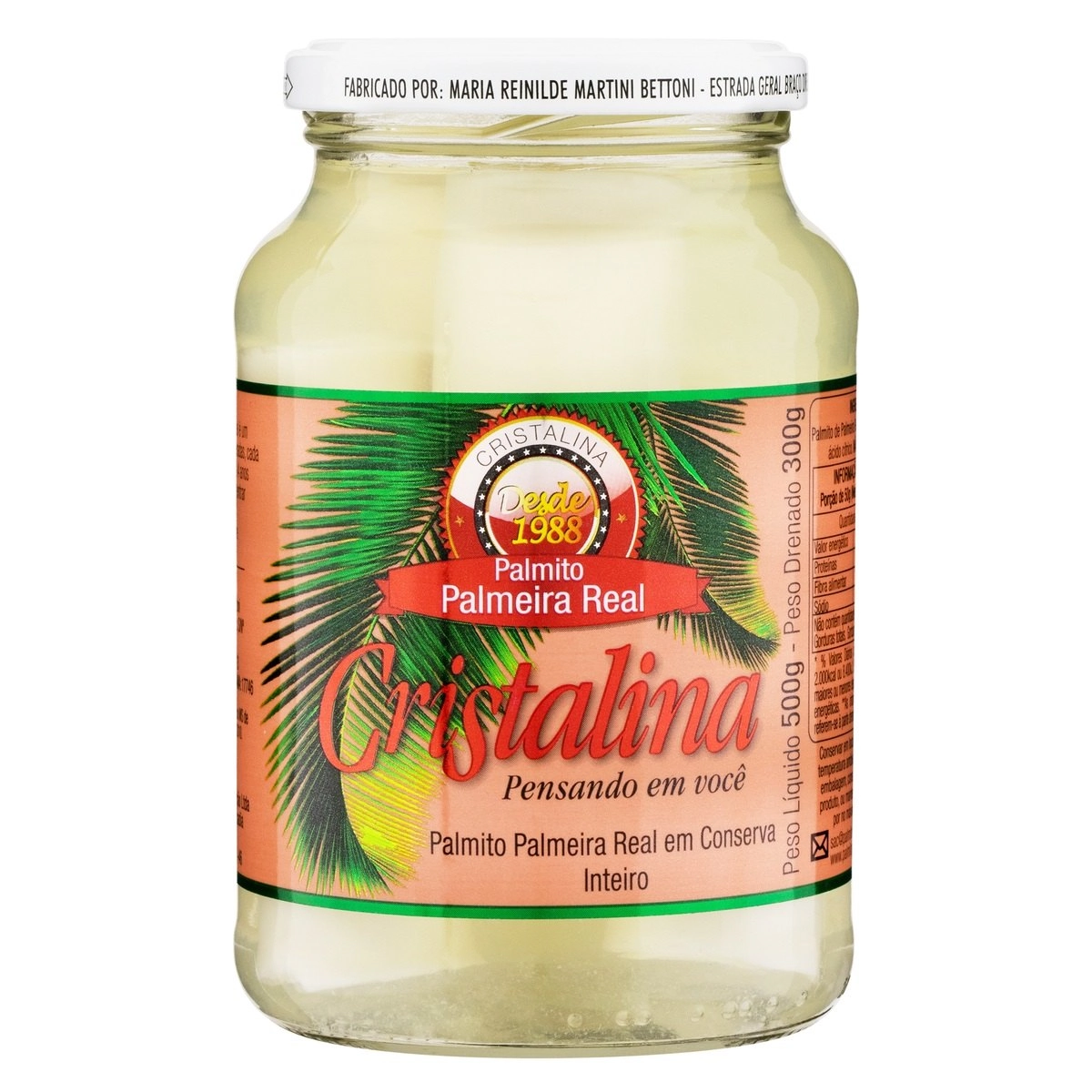 Palmito Palmeira Real Em Conserva Inteiro Cristalina Vidro 300g