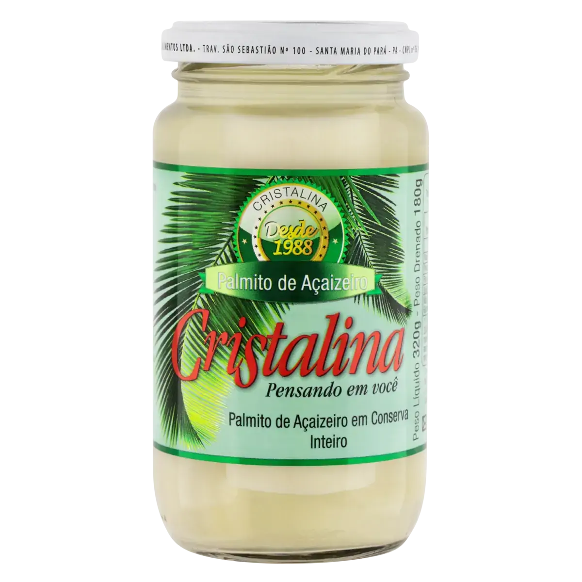 Palmito Açaí Em Conserva Inteiro Cristalina Vidro 180g