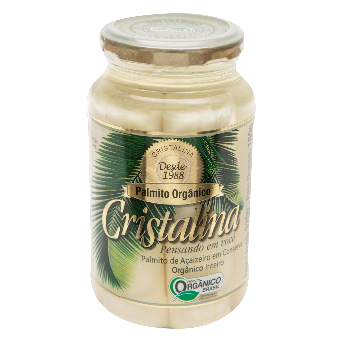 Palmito Açaí Em Conserva Inteiro Orgânico Cristalina Vidro 180g