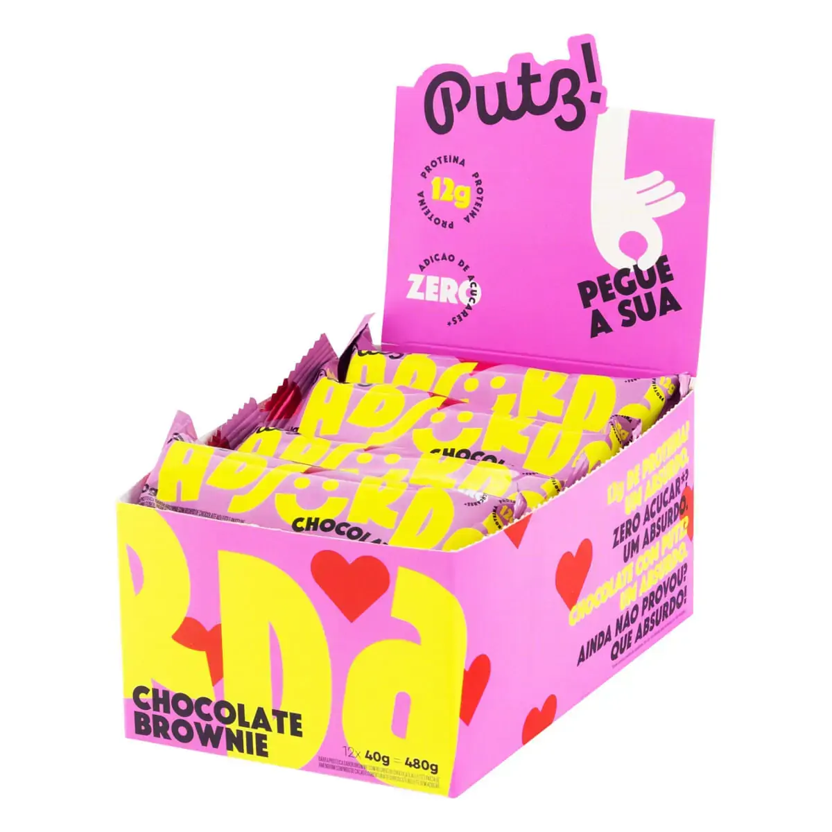 Barra De Proteína Brownie Cobertura Chocolate Ao Leite Sem Açúcar Putz Caixa 480g 12 Unidades