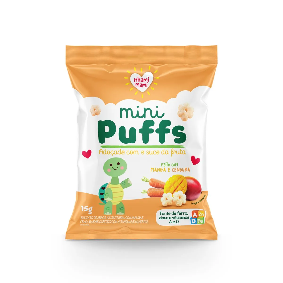 Biscoito De Arroz Integral Manga E Cenoura Nhami Mami Mini Puffs Pacote 15g
