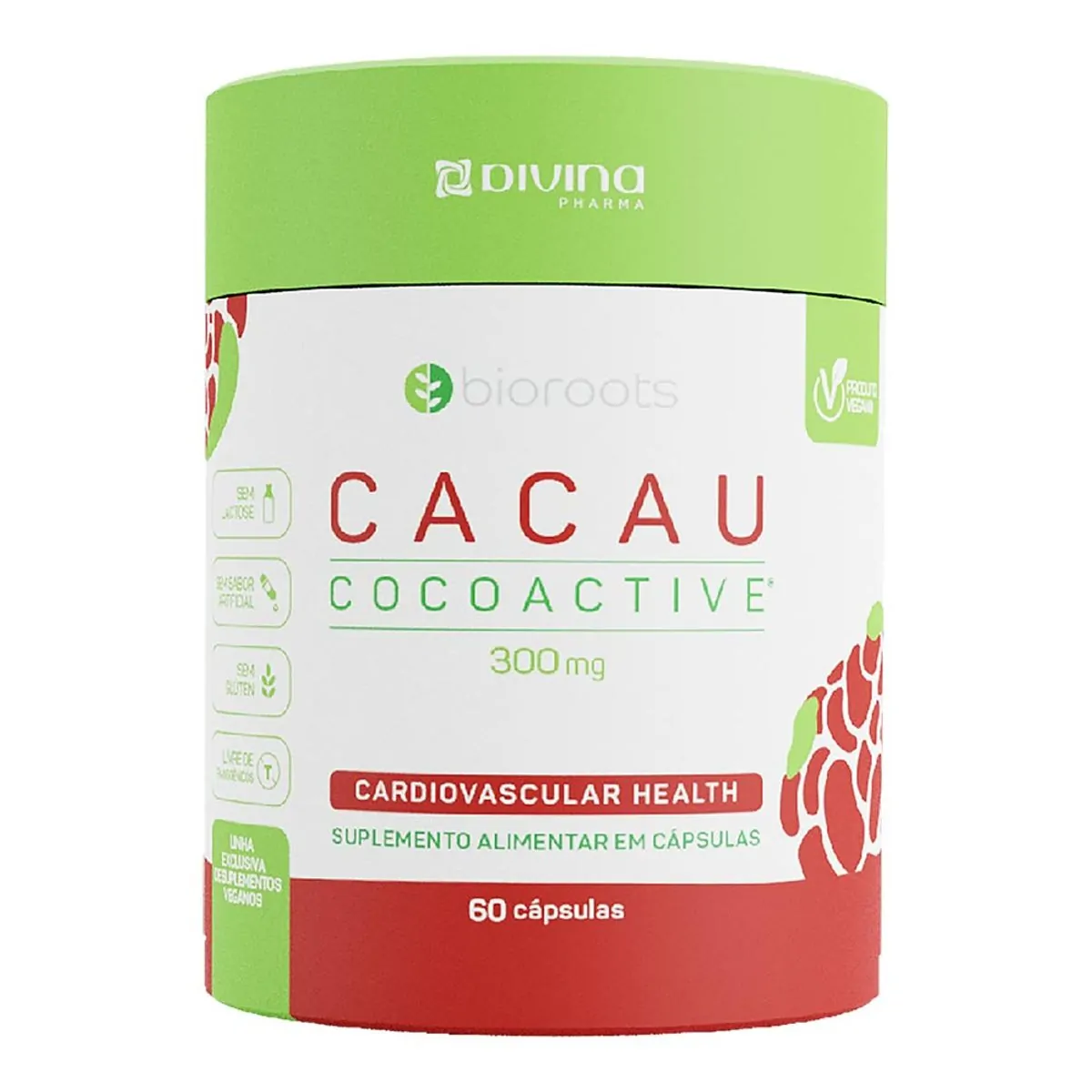 Suplemento Alimentar Cacau 300mg Bioroots 60 Capsulas