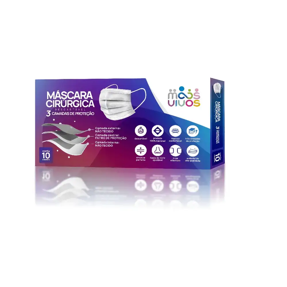 Máscara Descartável Tripla Proteção com Elástico e Clip Nasal - Caixa 10 unidades - MAIS VIVOS