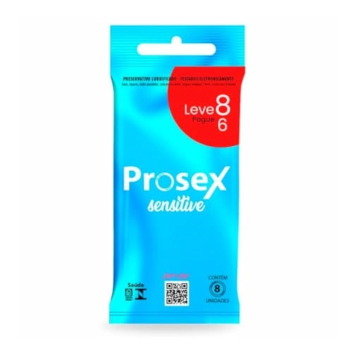 Preservativo Masculino Lubrificado Sensitive Prosex Pacote Leve 8 Pague 6 Unidades