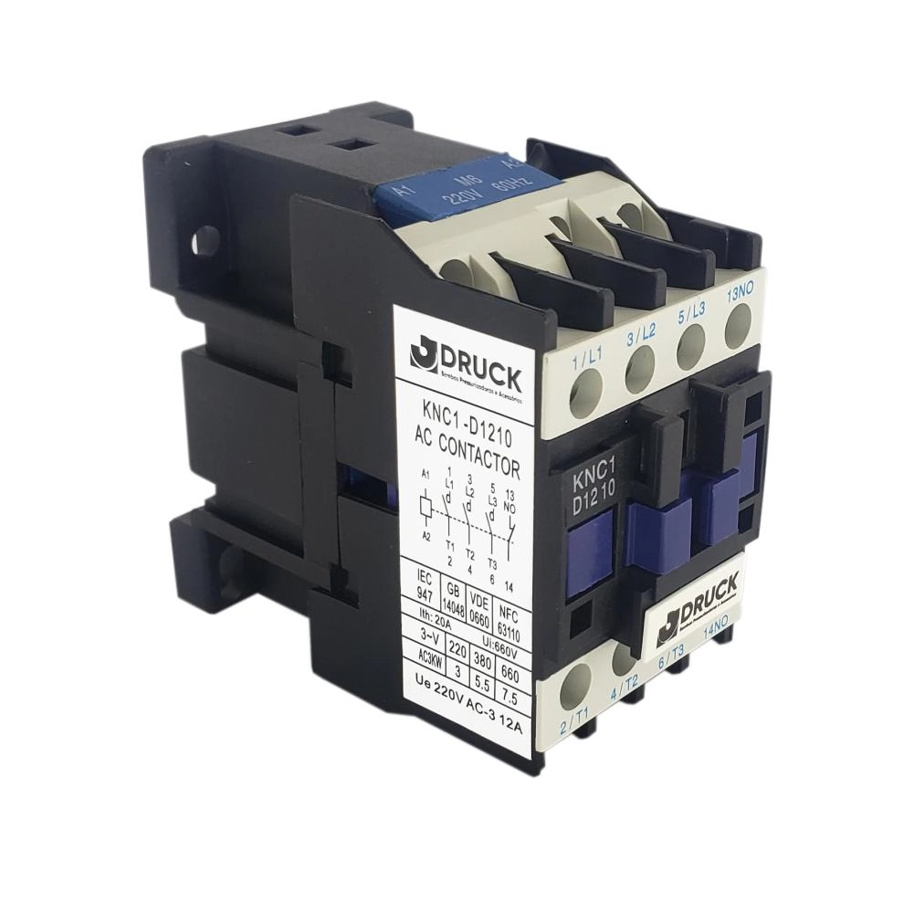 Chave Contatora Tripolar 12A KNC1-D1210 AC Contactor 3P + 1 N/A 220V Três Polos Druck