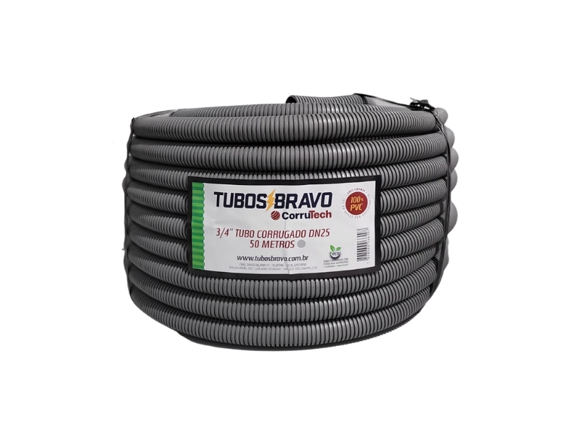Eletroduto Corrugado Cinza 3/4" X 50m PVC Antichamas Tubos Bravo