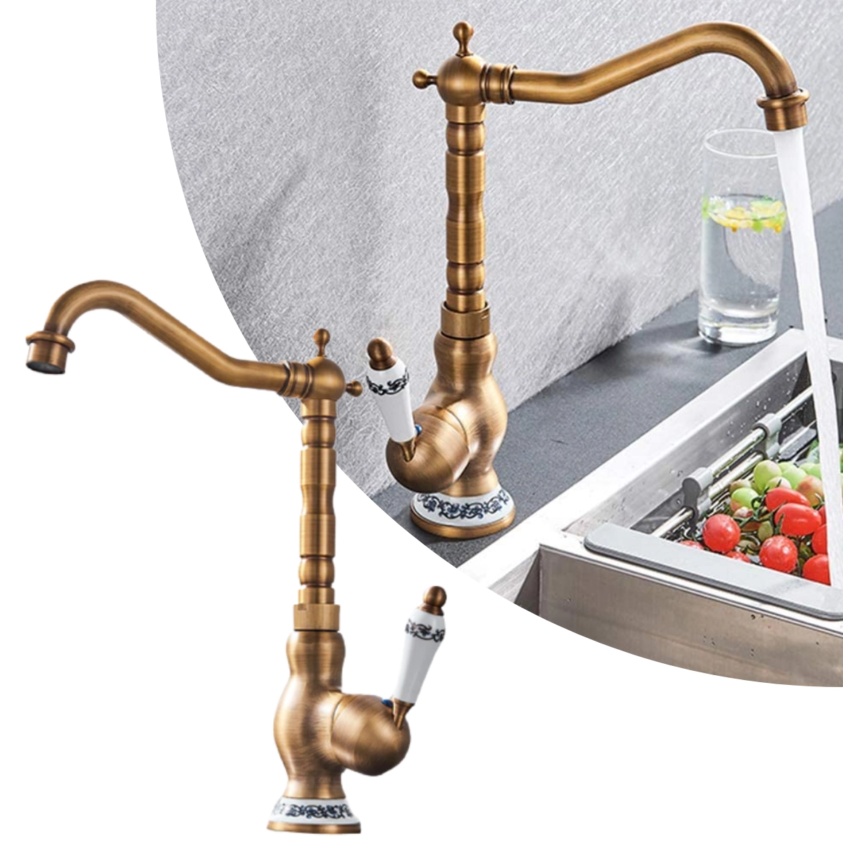 Torneira Cozinha Banheiro Monocomando Alta Cor Bronze (ouro velho) Vintage Provençal c/ Detalhes em Cerâmica