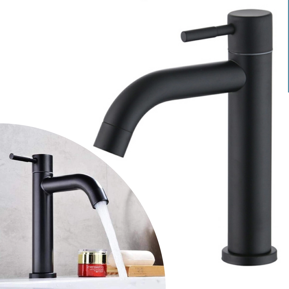Torneira Bancada Preto Fosco para Banheiro Lavabo Lavatorio Água Fria 1/4 Volta Médio em Aço Inox 304