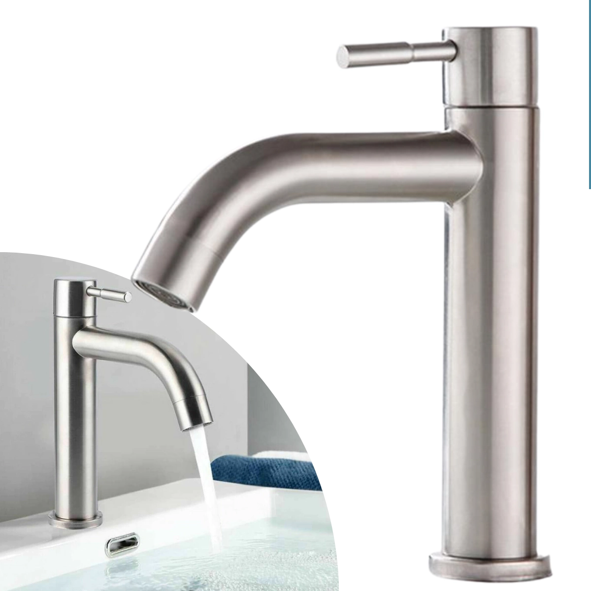 Torneira Bancada Cromado Fosco para Banheiro Lavabo Lavatorio Água Fria 1/4 Volta Médio em Aço Inox 304