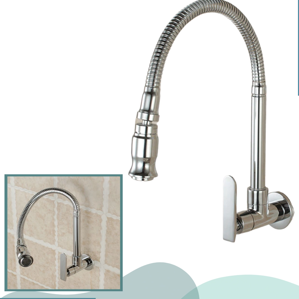 Torneira para Cozinha Banheiro Lavabo de Parede com Flexível em Estilo Gourmet de Metal Cromada