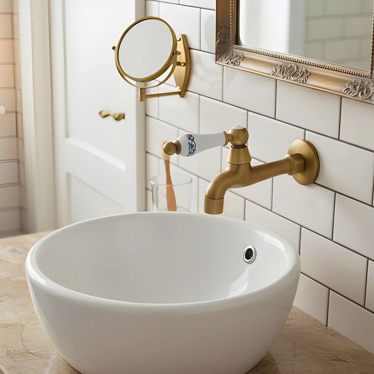 Torneira Parede para Banheiro Lavabo em Latão Cor Bronze Provençal Vintage Retro Ouro Velho c/ Detalhe em Cerâmica