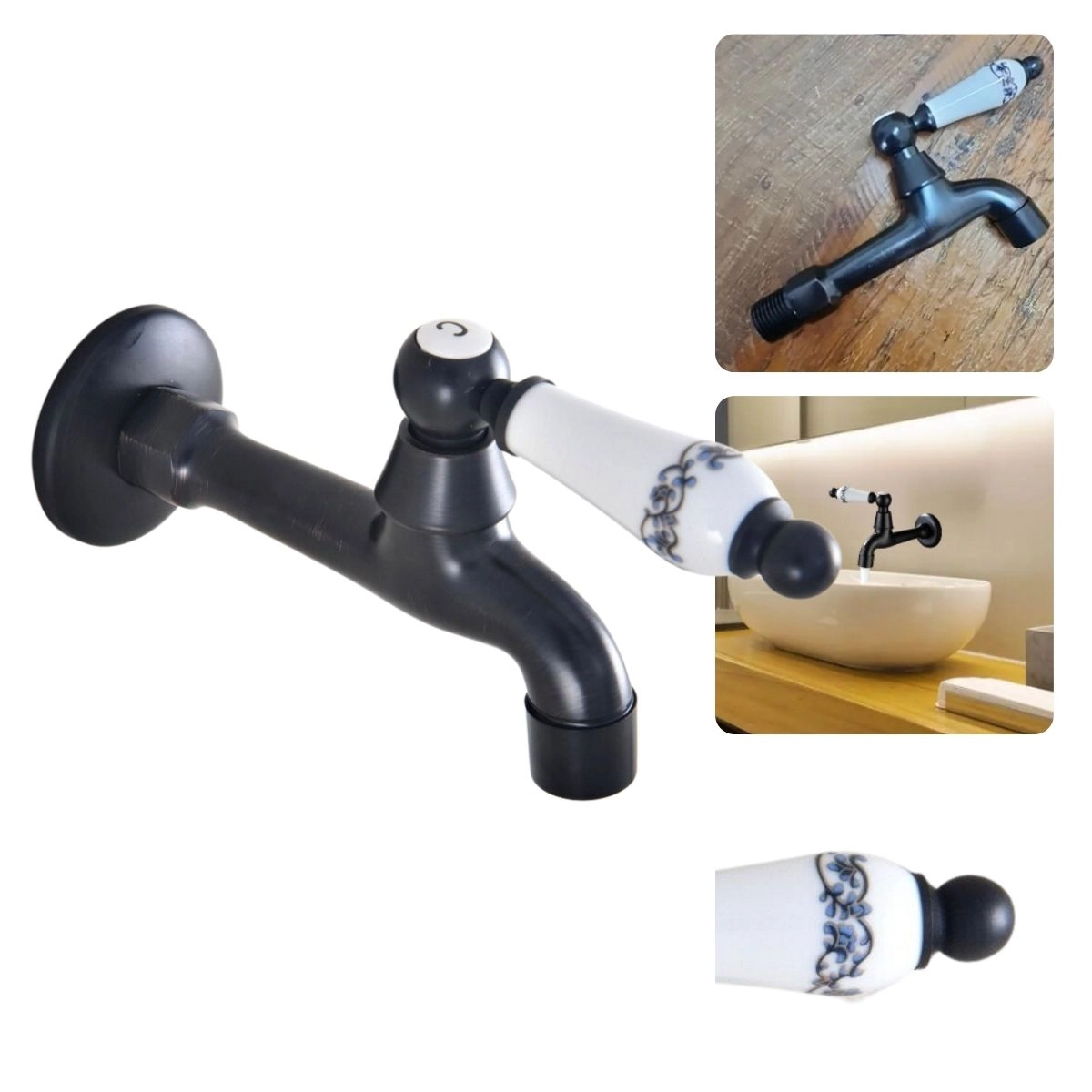 Torneira de Parede para Banheiro Lavabo em Latão Cor Preta Provençal Retro Vintage c/ Detalhe em Cerâmica