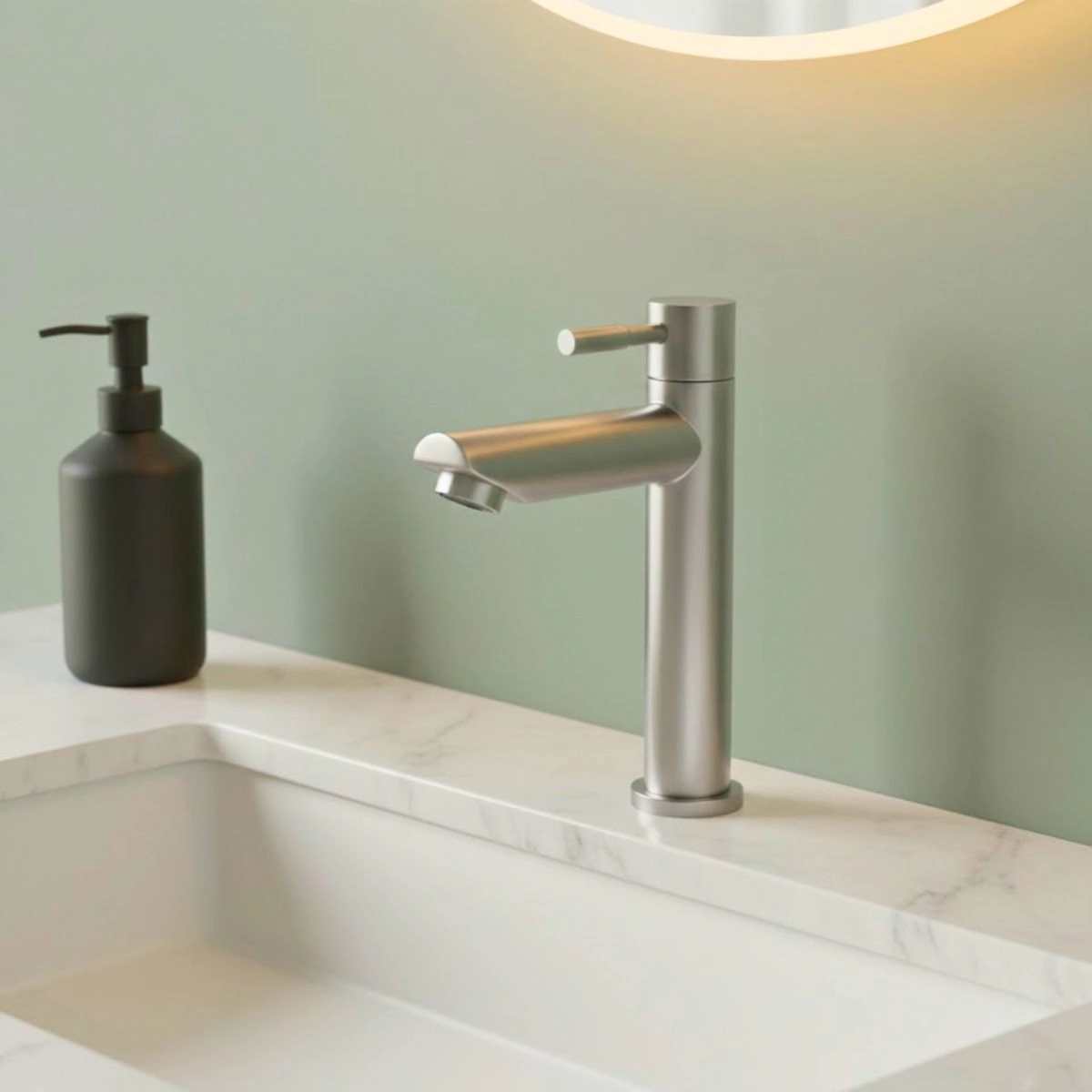 Torneira Bancada Banheiro Bica Media Reta em Aço Inox Escovado Cromado Fosco Inoxidável - Modelo Manaus