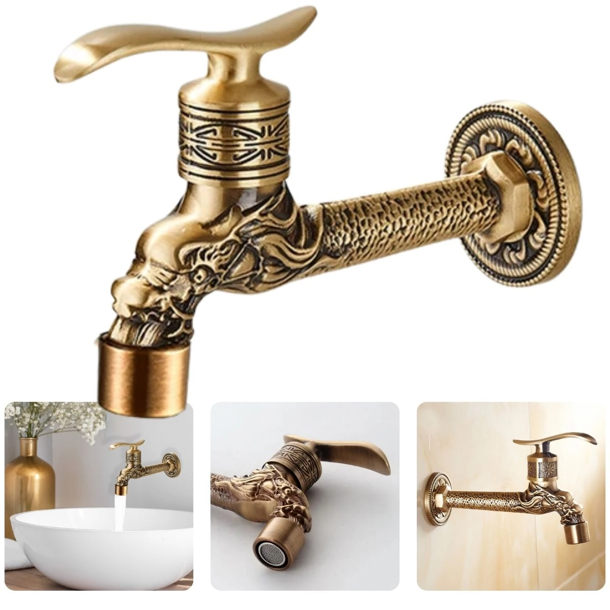 Torneira de Parede Metal em Estilo Vintage Provençal Rustica Em Bronze (Ouro Velho) Oratorio - Modelo Drago