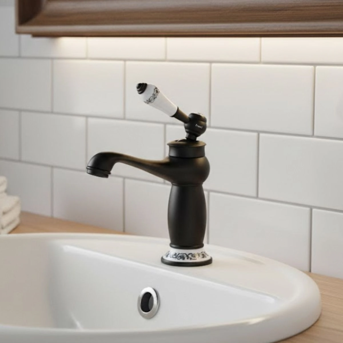 Torneira Monocomando Misturador Banheiro Lavabo Vintage Provençal Bancada c/ Ceramica Preta - Modelo Provence